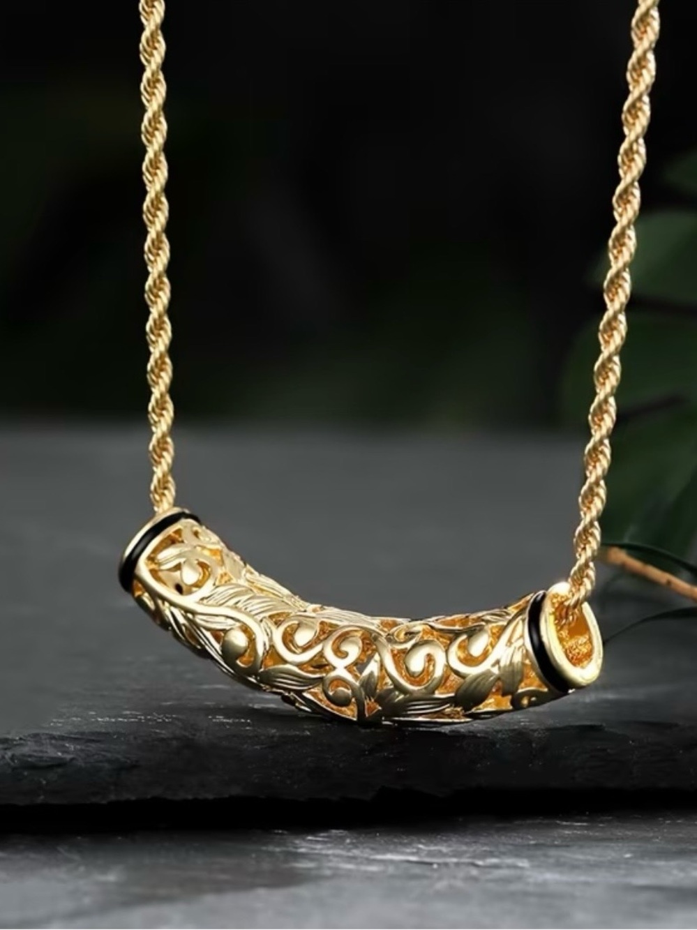 Gold Tone Filigree Curved Bar Necklace